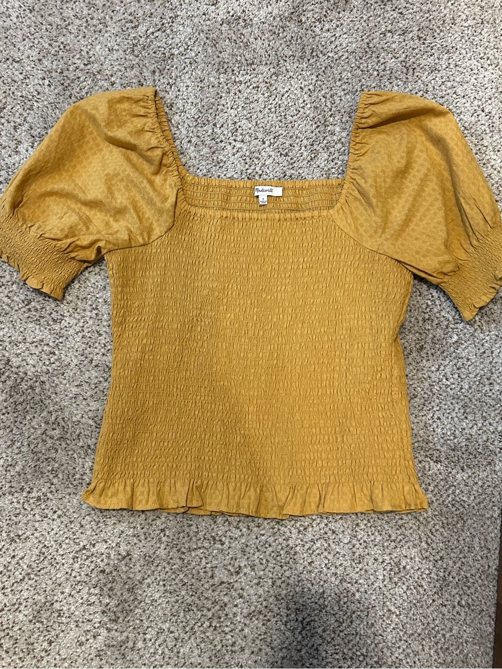 Madewell Mustard Puff Sleeve Smocked Square-Neck Top